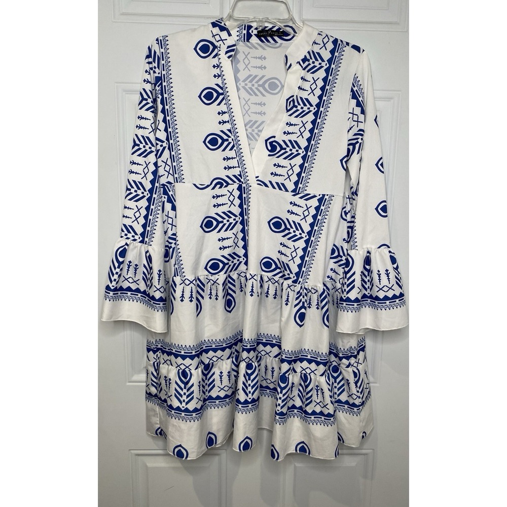 Emery Rose Babydoll Dress Womens Small Blue White V-Neck Tiered 3/4 Sleeve Flowy